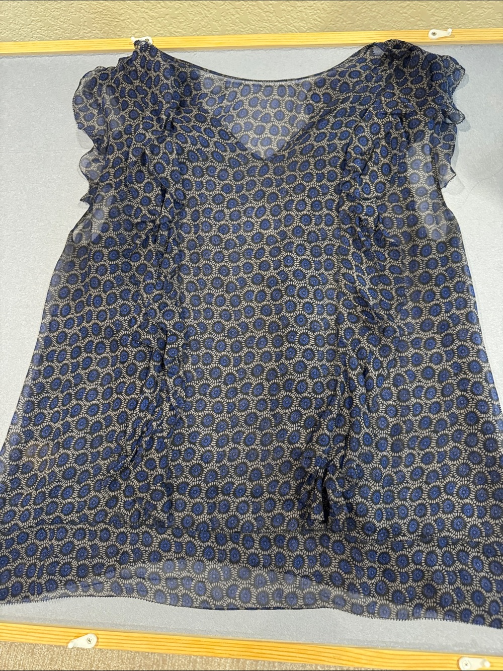 Tahari Navy and Gold Sunburst Ruffle Sleeve Blouse